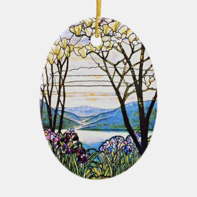 Idellic Landscape Tiffany Stained Glass Ceramic Ornament (Front)