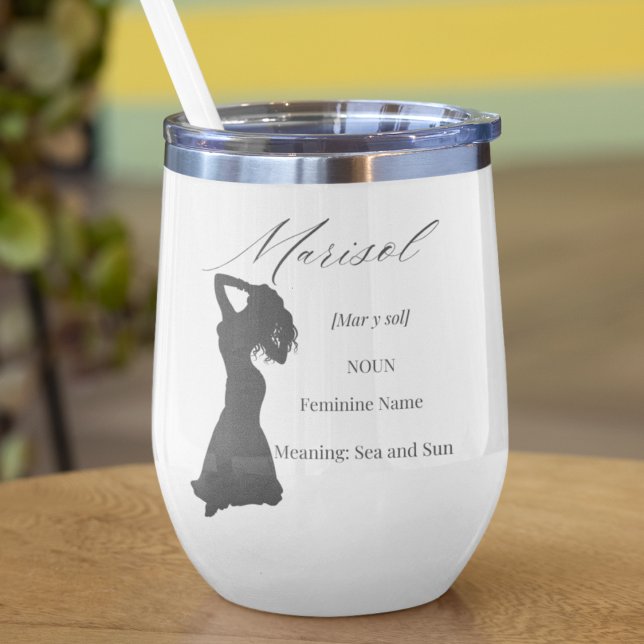 Identity Defined Thermal Wine Tumbler (Wine tumbler featuring feminine silhouette, cursive name, and definition on white base.)