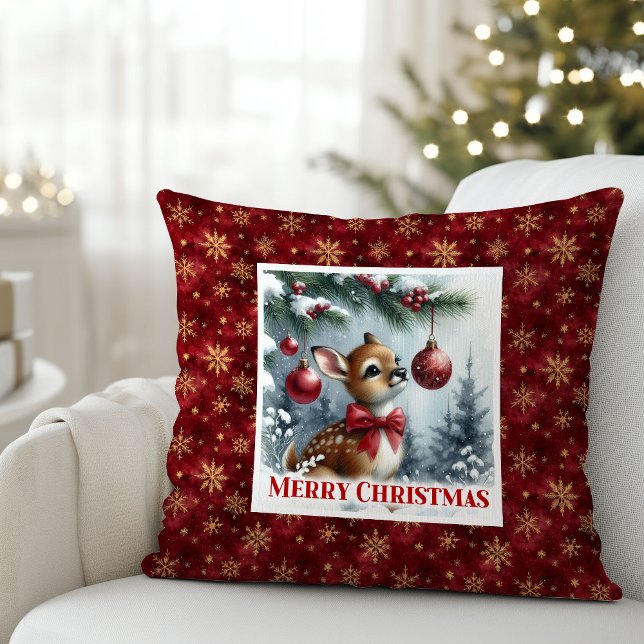 Idyllic baby deer winter snowy forest Christmas  Throw Pillow (Idyllic baby deer winter snowy forest Christmas pillow)