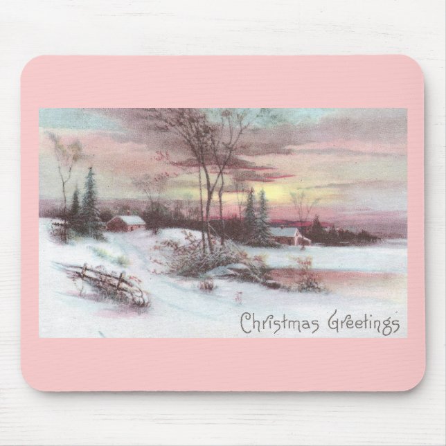 Idyllic Country Winter Scene with Pink Sunset Mouse Pad (Front)
