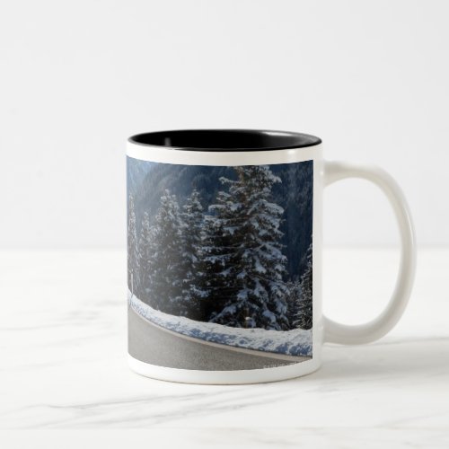 Idyllic empty road thrugh a winter landscape Two_Tone coffee mug