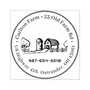 Idyllic Farm Stamp with Silo, Barn and Trees