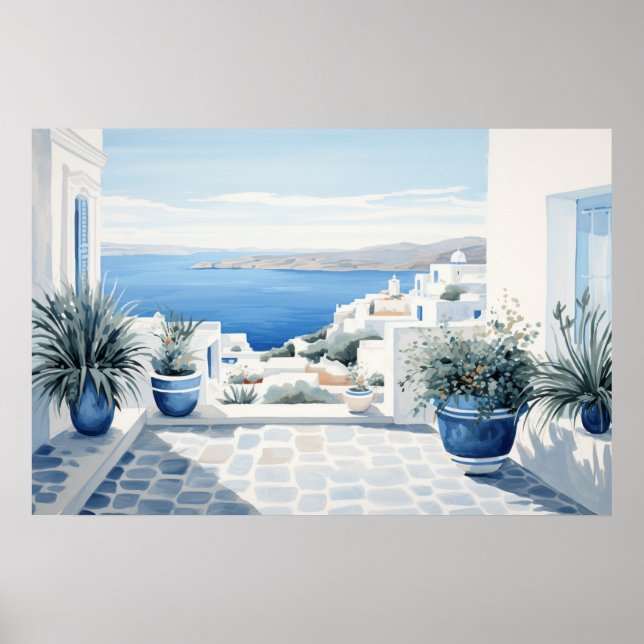 Idyllic Greek Island: Digital Watercolor Art Print (Front)