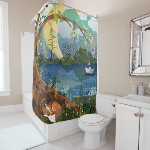 Idyllic Riverside Wildlife Digital Illustration Shower Curtain