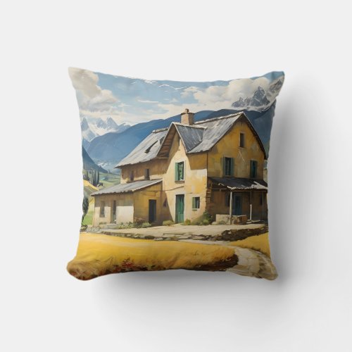 Idyllic rural with old farm house in the mountains throw pillow