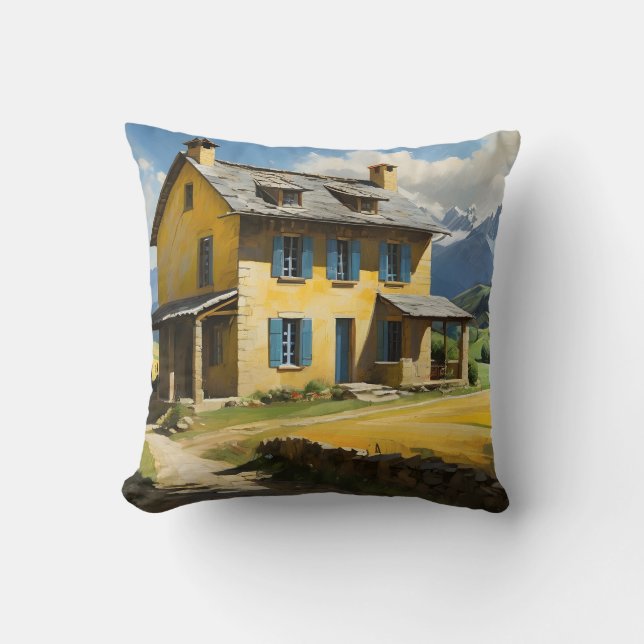 Idyllic rural with old house in the mountains throw pillow (Front)