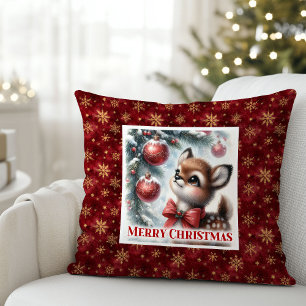 Idyllic snowy forest baby deer kids room decor throw pillow