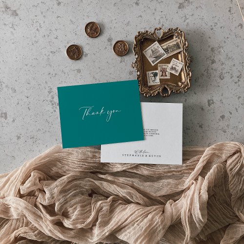 Idyllic Stylish Calligraphy Teal Flat Wedding   Thank You Card