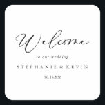 Idyllic Stylish Calligraphy Wedding Welcome  Square Sticker<br><div class="desc">This idyllic stylish calligraphy wedding welcome square sticker is perfect for a rustic wedding. The simple and elegant design features classic and fancy script typography in black and white. These labels are perfect for hotel guest welcome bags and destination weddings.</div>