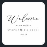 Idyllic Stylish Calligraphy Wedding Welcome  Square Sticker<br><div class="desc">This idyllic stylish calligraphy wedding welcome square sticker is perfect for a rustic wedding. The simple and elegant design features classic and fancy script typography in black and white. These labels are perfect for hotel guest welcome bags and destination weddings.</div>
