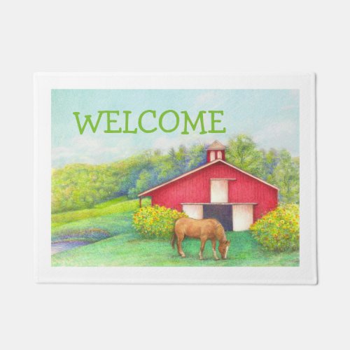 Idyllic Summer Landscape Red Barn with Horse Doormat
