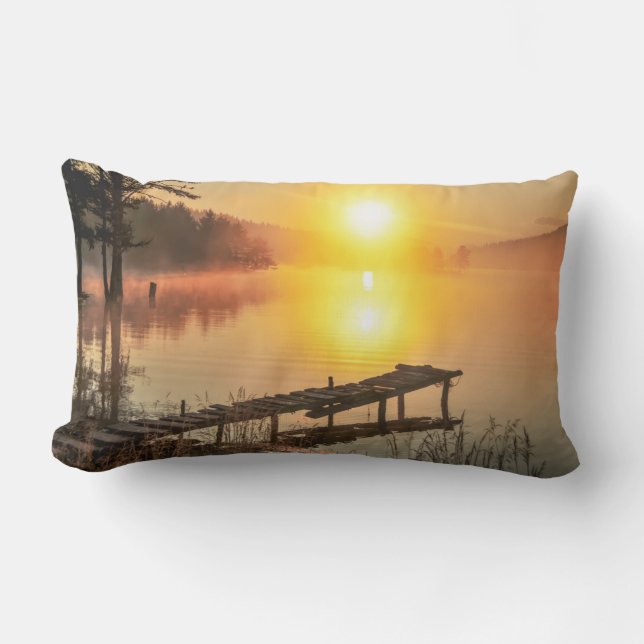 Idyllic Sunrise | Misty Mountain Lake, Bulgaria Lumbar Pillow (Front)