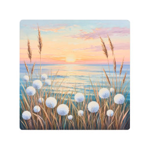 Idyllic Sunrise Over Ocean Featuring Wild Grasses Metal Print