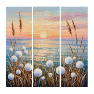Idyllic Sunrise Over Ocean Featuring Wild Grasses Triptych