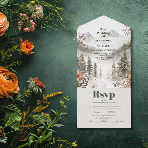 Idyllic Watercolor Mountain Winter Forest Wedding All In One Invitation