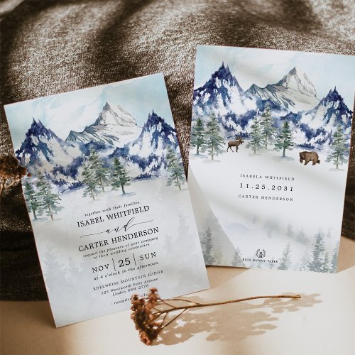 Idyllic Watercolor Mountain Winter Forest Wedding Invitation