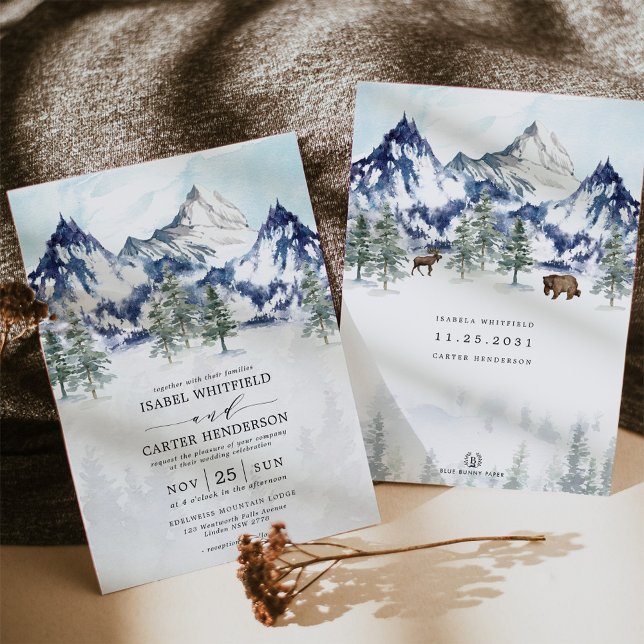 Idyllic Watercolor Mountain Winter Forest Wedding Invitation (Creator Uploaded)