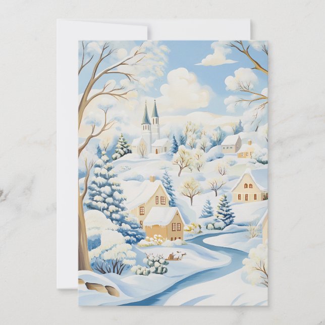 Idyllic Winter Village Scene Holiday Card (Front)