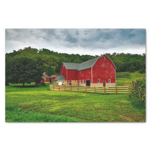 Idyllic Wisconsin Red Barns in Emerald Grass Field Tissue Paper