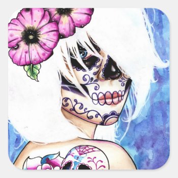 :ies Day Of The Dead Sugar Skull Girl Square Sticker by NeverDieArt at Zazzle