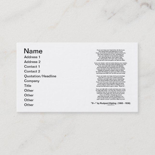 "If-" by Rudyard Kipling Business Card (Front)