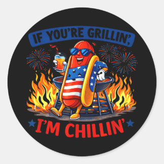 If grillin chillin bbq hot dog humor funny classic round sticker
