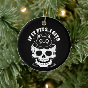 If It Fits I Sit Black Cat Skull Minimalist Meme Ceramic Ornament