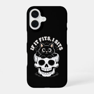 If It Fits I Sit Black Cat Skull Minimalist Meme iPhone 16 Case
