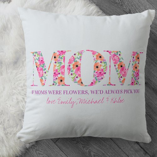 If Moms Were Flowers Pink Floral Letters Blue Throw Pillow