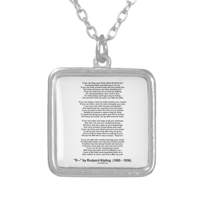 If- Poem by Rudyard Kipling (No Kipling Picture) Silver Plated Necklace (Front)