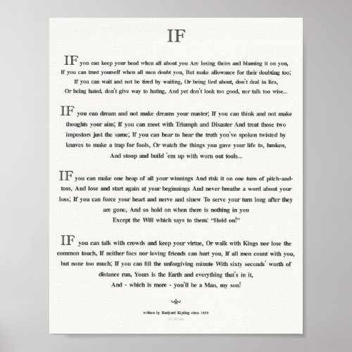 IF Quote by Rudyard Kipling 1895 on White Linen Poster