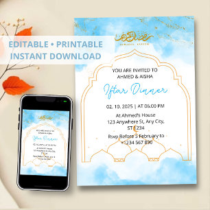 Iftar dinner invitation ramadan blue watercolor