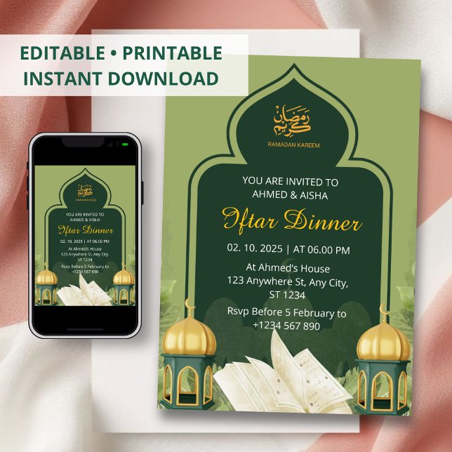 Iftar dinner invitation ramadan green mosque (Creator Uploaded)