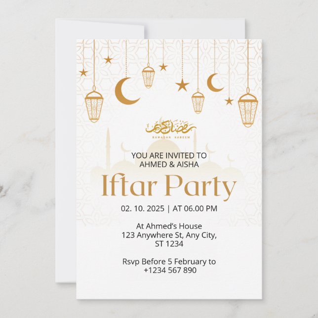 Iftar dinner invitation ramadan lentern and mosque (Front)