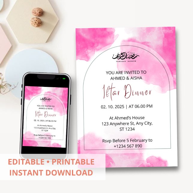 Iftar dinner invitation ramadan pink watercolor (Creator Uploaded)