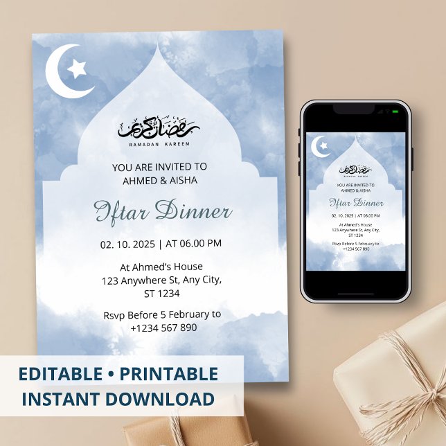 Iftar dinner invitation ramadan watercolor blue (Creator Uploaded)
