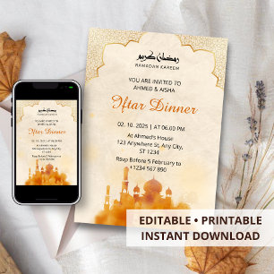 Iftar dinner invitation ramadan watercolor mosque