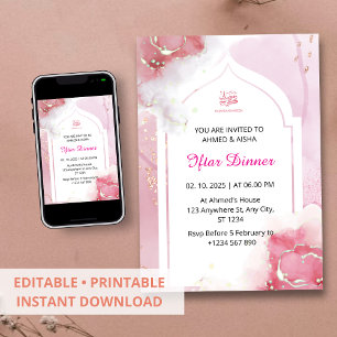 Iftar dinner invitation ramadan watercolor pink