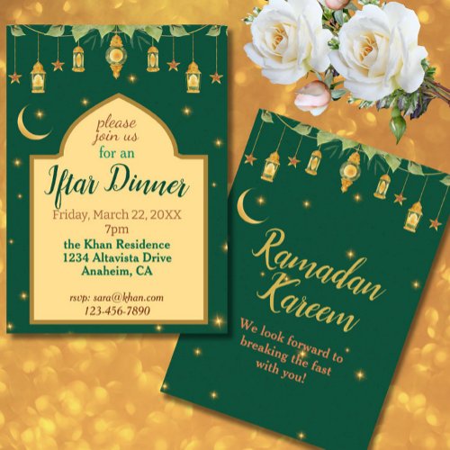 Iftar Ramadan Invitation Elegant Green Gold Moon