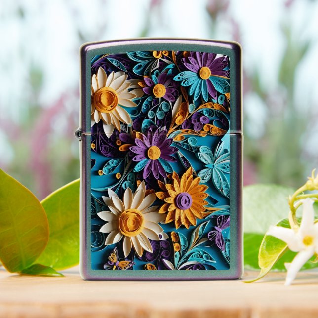 Ignite Nature's Dance: Quilled Elegance  Zippo Lighter (On Table)