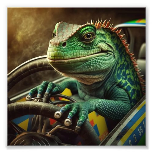 Iguana driving racing car photo print