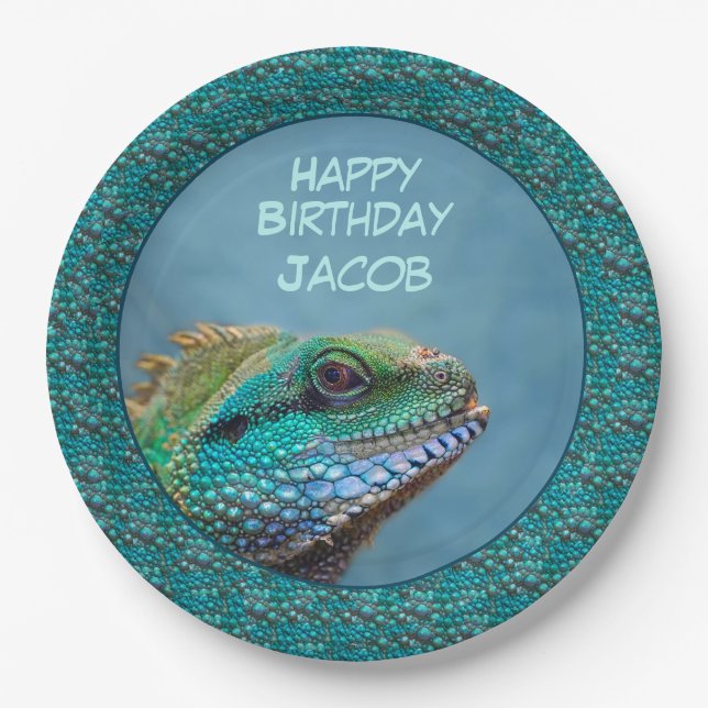 Iguana Happy Birthday Green, Blue, Teal Paper Plates (Front)