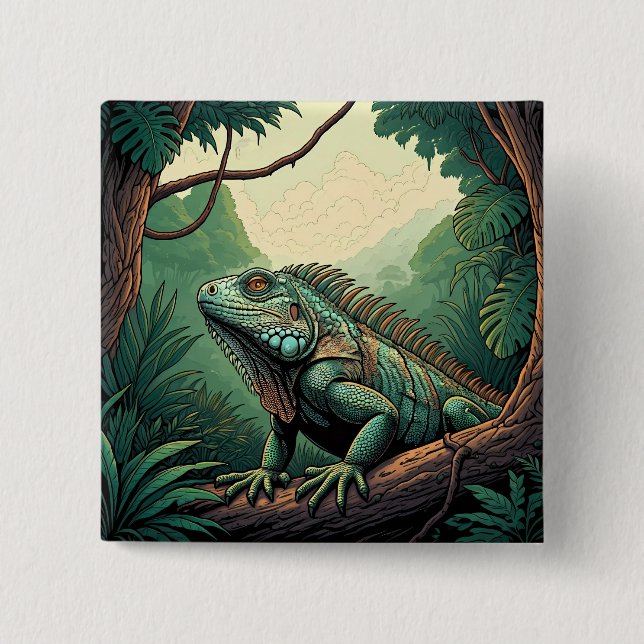 Iguana lizard among a tropical jungle setting button (Front)