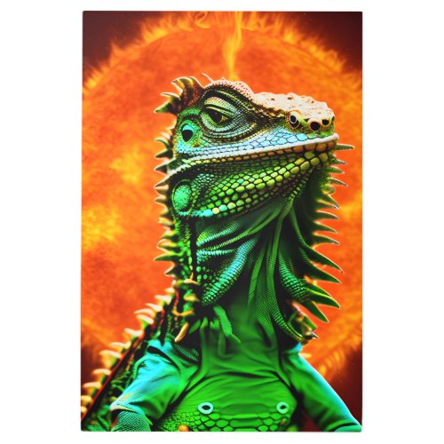 Iguana Molten Sun _ Vivid Trippy Lizard Sun Metal Print