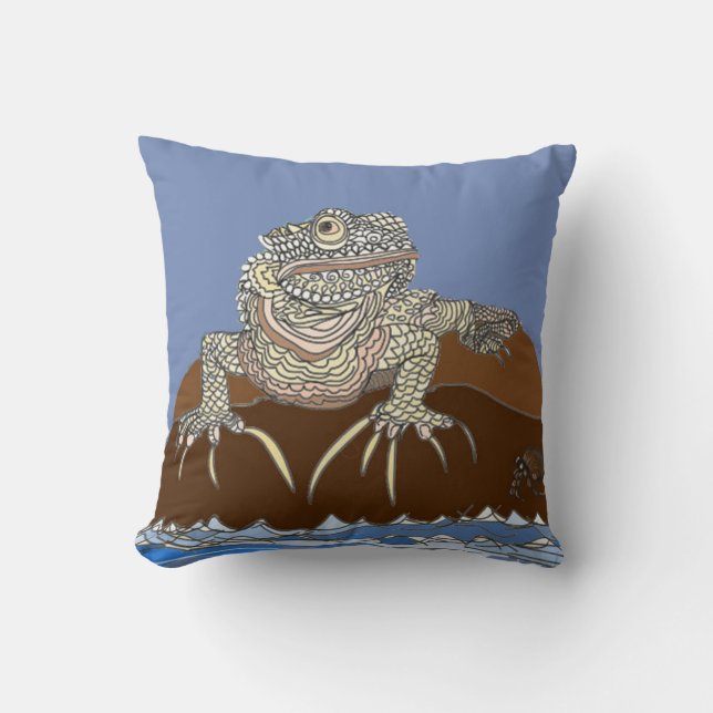 Iguana on a Rock with Hermit Crab Throw Pillow (Front)