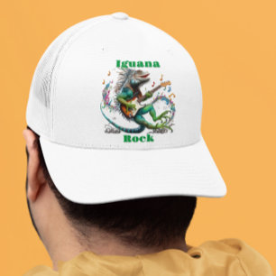 Iguana Rockstar in a Colorful Music Burst Trucker Hat