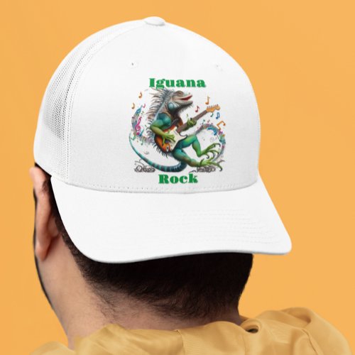  Iguana Rockstar in a Colorful Music Burst Trucker Hat