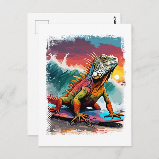 Iguana Surfing Cute Colorful Comic Illustration Postcard (Front/Back)