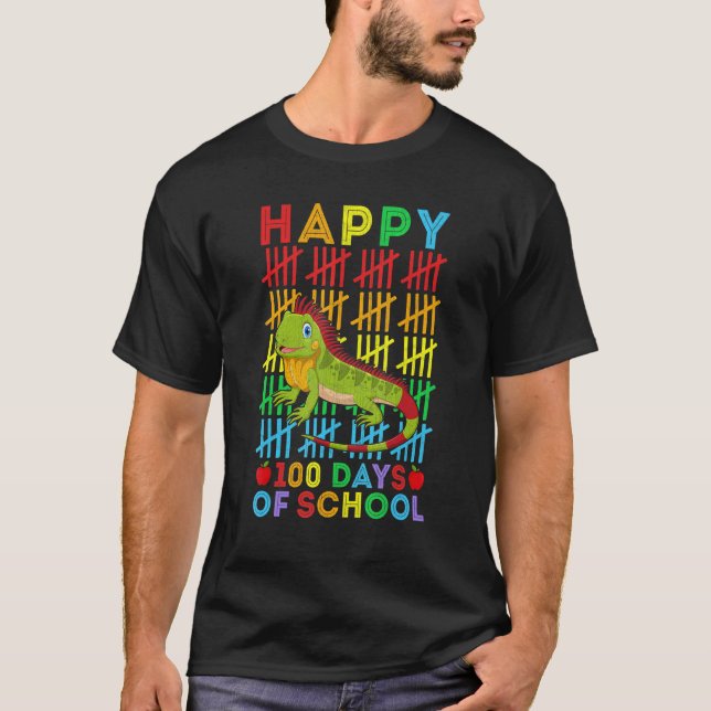 Iguana Teacher Student Happy 100 Days of School T-Shirt (Front)