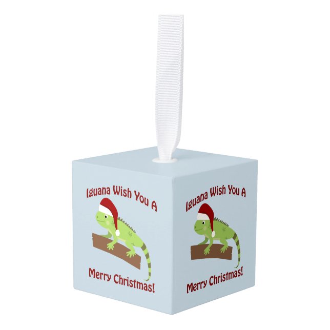 Iguana Wish You A Merry Christmas Cube Ornament (Front Angled)